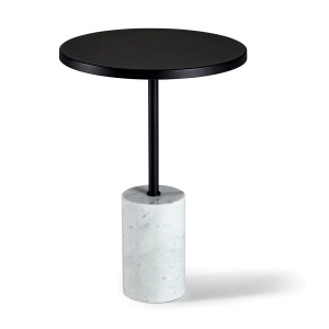 стол с чёрной столешницей на металлической опоре с основанием из камня