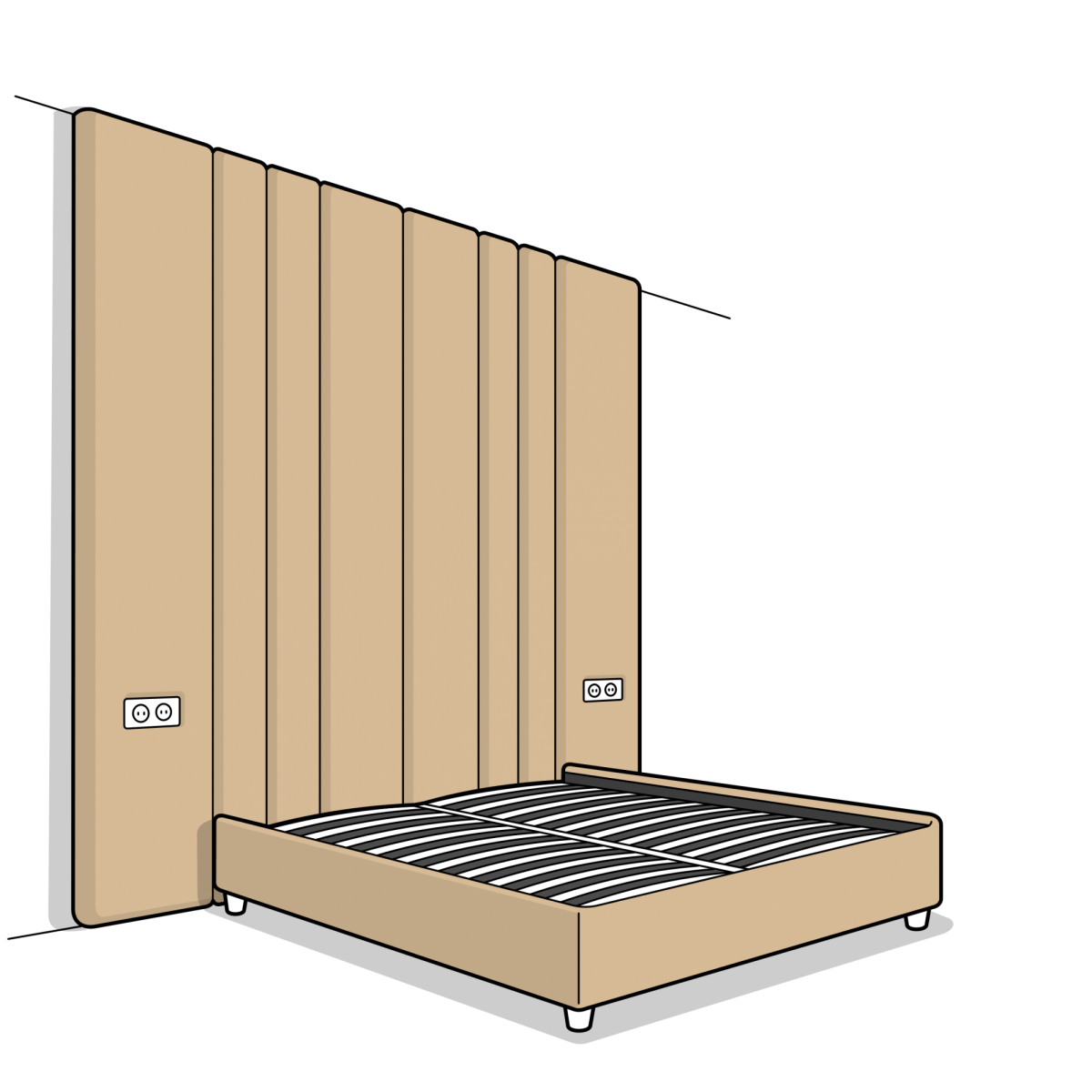 мягкие панели в виде вертикальных разноширинных полос и кроватью-компаньоном